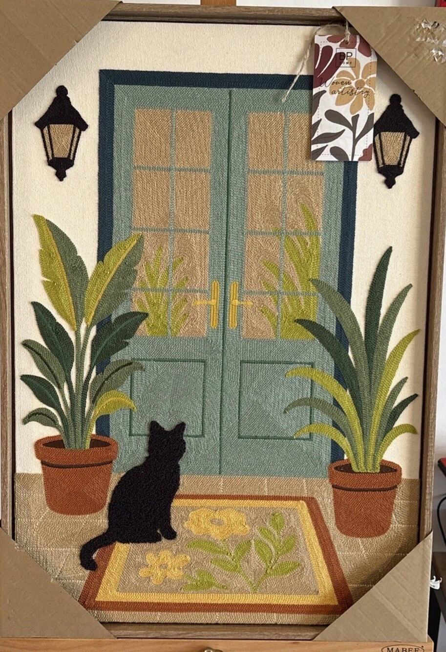New BP HOME Woven Artistry Black Cat Waiting At Door Embroidered Wall Art 18x26